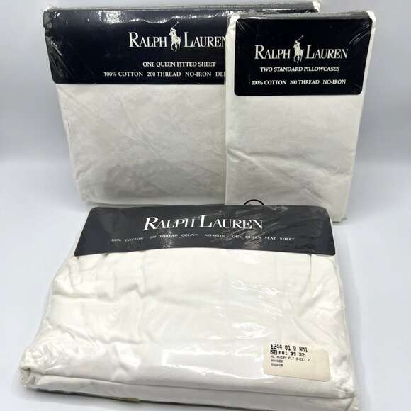 Ralph Lauren Queen Sheet Set Avery White Fitted Flat Pillowcase Damask - Picture 1 of 7